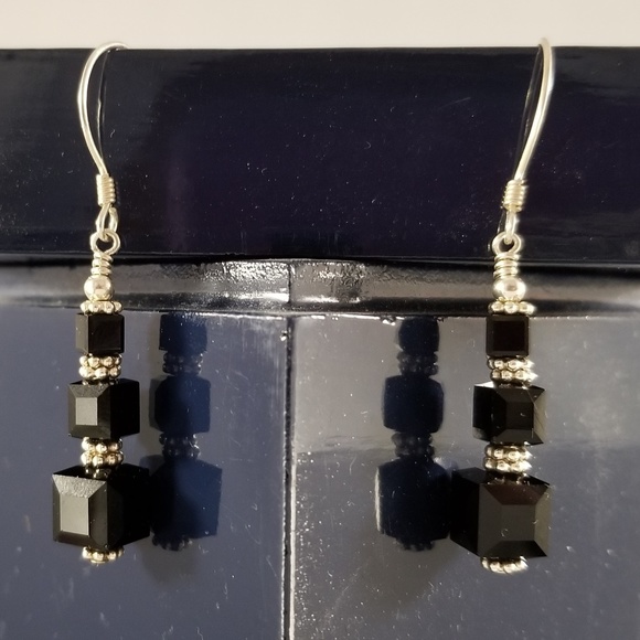 Black Square Swarovski & Sterling Silver Earrings - Picture 3 of 9